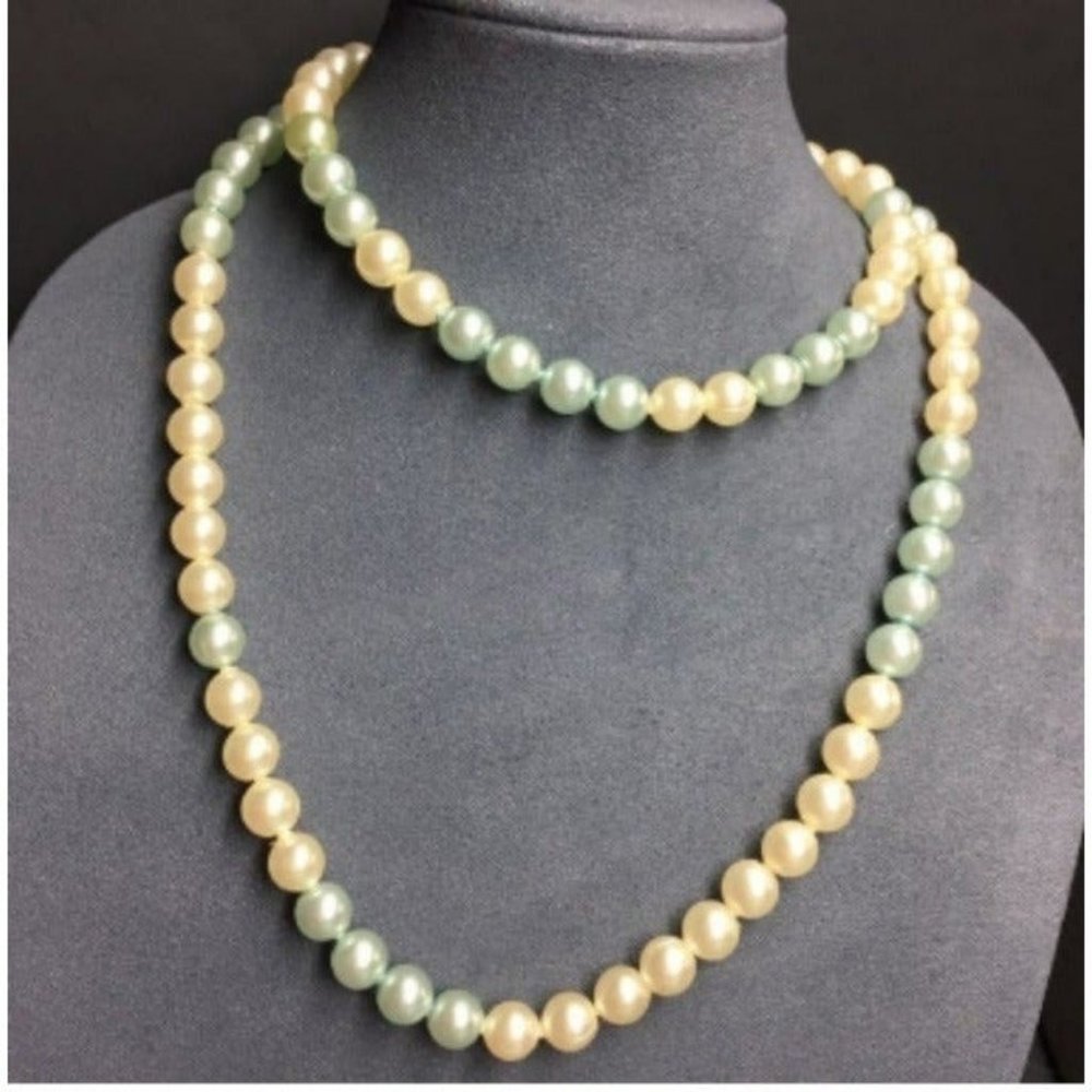 VTG Pop Bead Necklace Cream Pale Blue Pearl Long Adjustable Retro